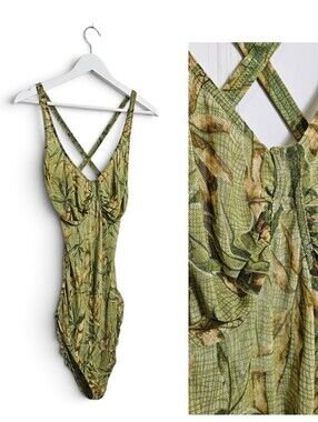 Vintage Solar Tan Thru Swimsuit 14 One Piece Underwire Palm Leaf Green Retro Y2K